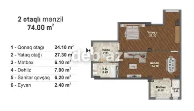 Məmmədli, 2 otaqlı, Yeni tikili, m. Koroğlu, 74 kv. m — kiçik şəkil 3