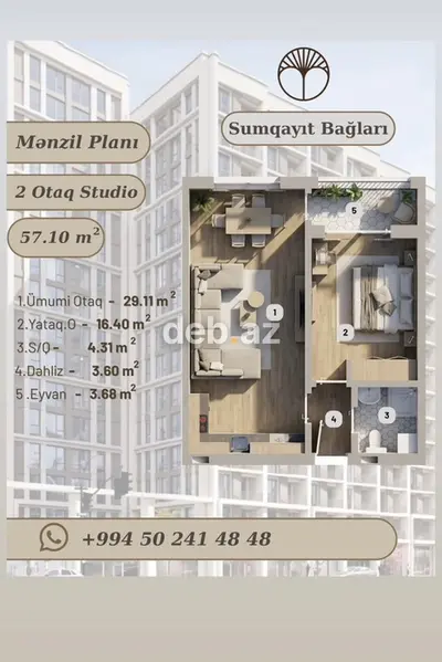 2 otaqlı, Yeni tikili, 57 kv. m — kiçik şəkil 2