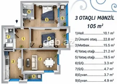 Ağ şəhər, 3 otaqlı, Yeni tikili, m. Xətai, 105 kv. m — kiçik şəkil 3