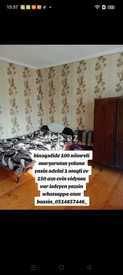 Binəqədidə TƏCİLİ AYLIQ KİRAYƏ! 100 №-li Marşrut Yoluna Yaxın, Həyəti Ayrı (Adelni) 1 Otaqlı Səliqəli Ev — Cəmi 250 AZN (Videosu Var)! — kiçik şəkil 2